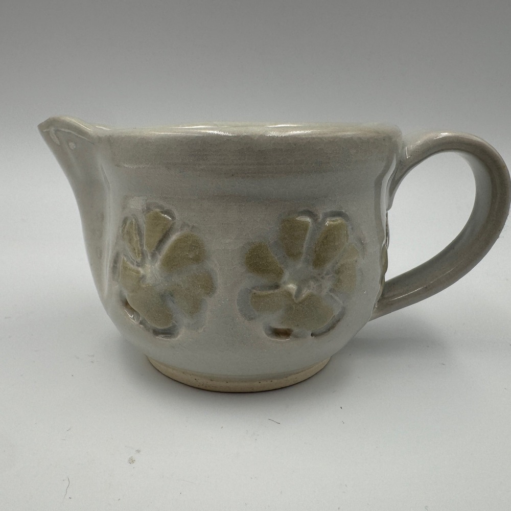 Studio Pottery Hand Signed Floral Creamer Pitcher Grey Sage Green